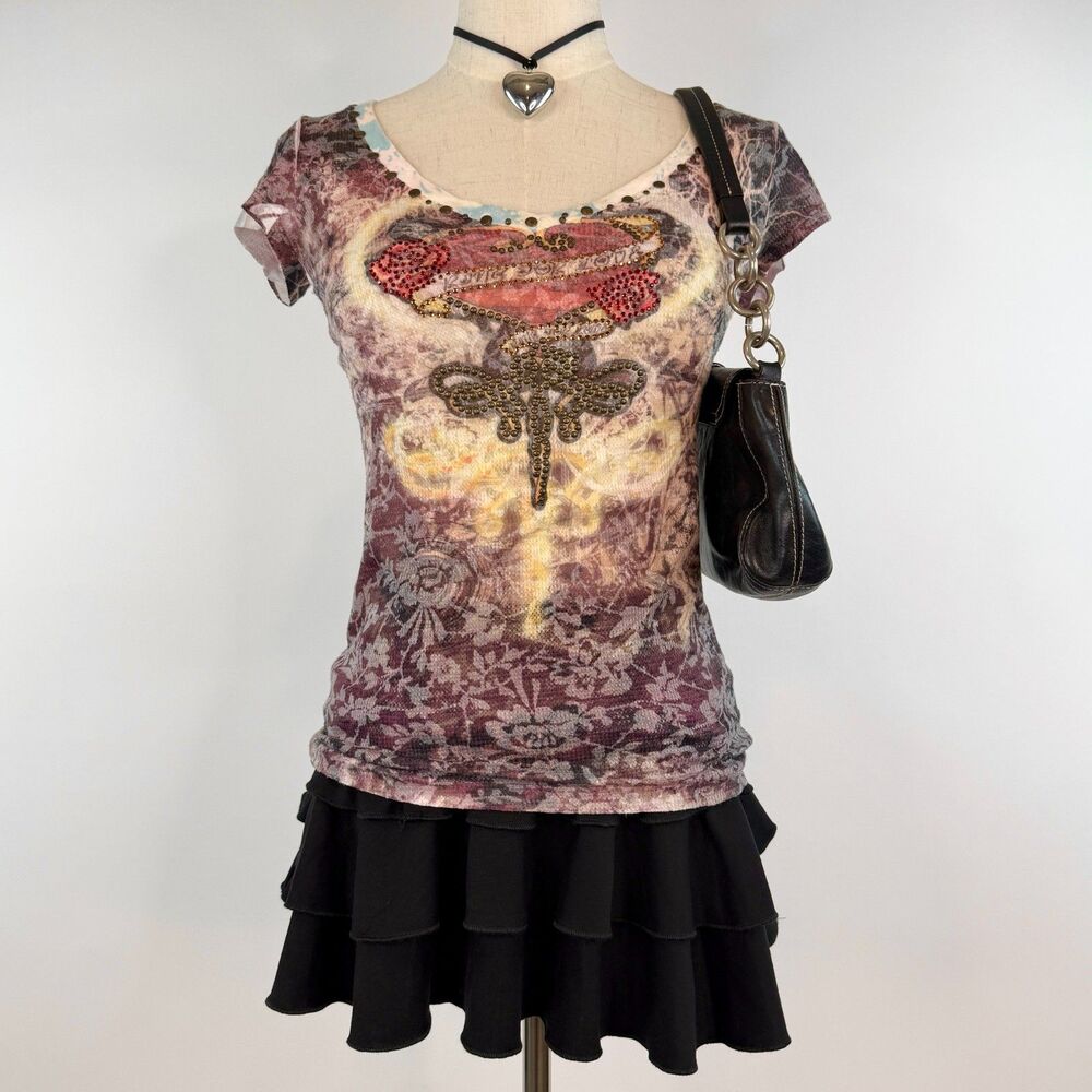 Y2K Purple Burnout Graphic T-Shirt Bedazzled Heart Design V-Neck Size S